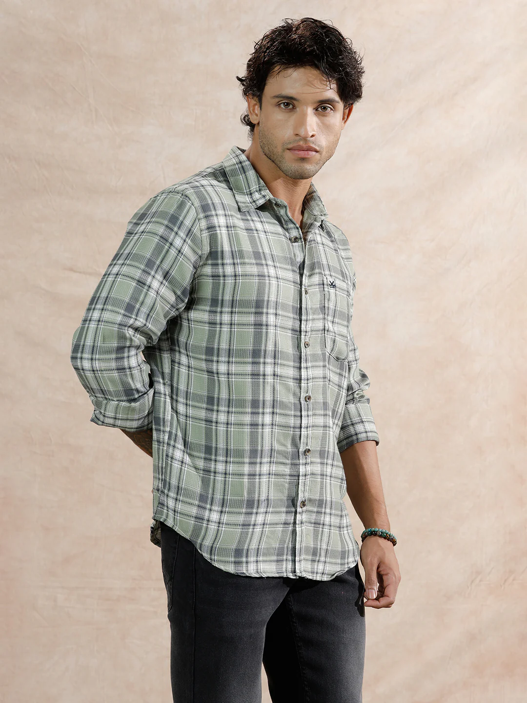 Dobby Textured Checks Regular Fit Shirt | Green - Image 4