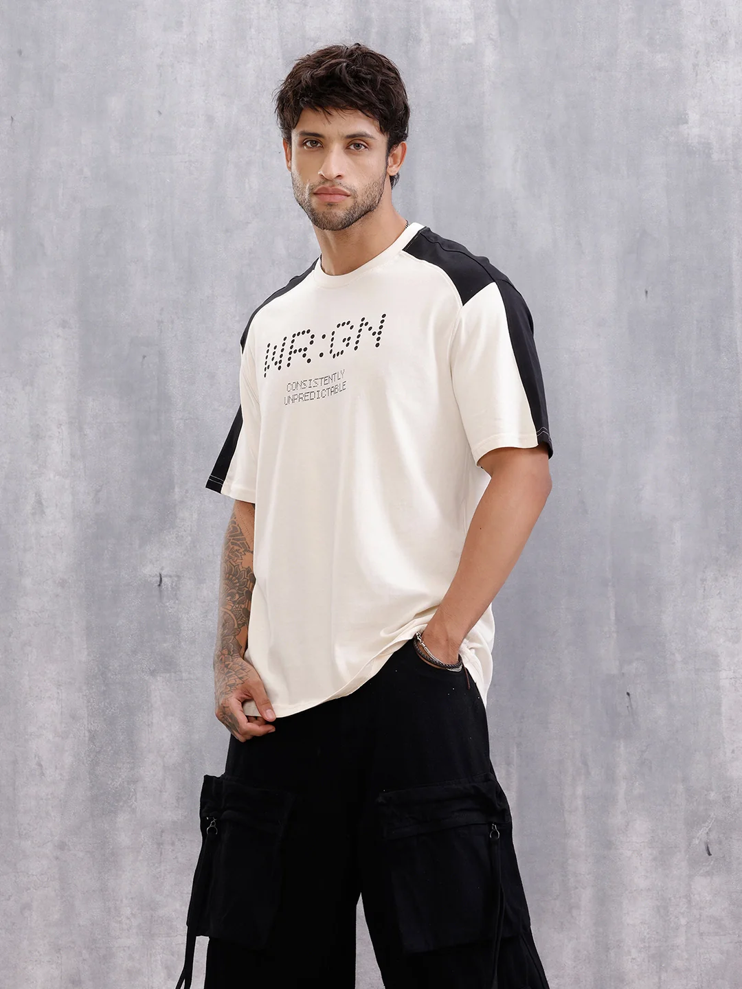 Graphic Printed Oversized Fit Cut &Sew T-Shirt | Beige - Image 4