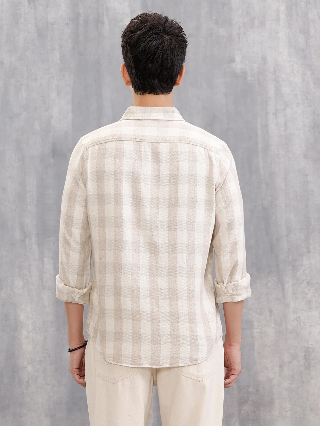 Herringbone Check Shirt In Natural Tones  |  Beige - Image 3