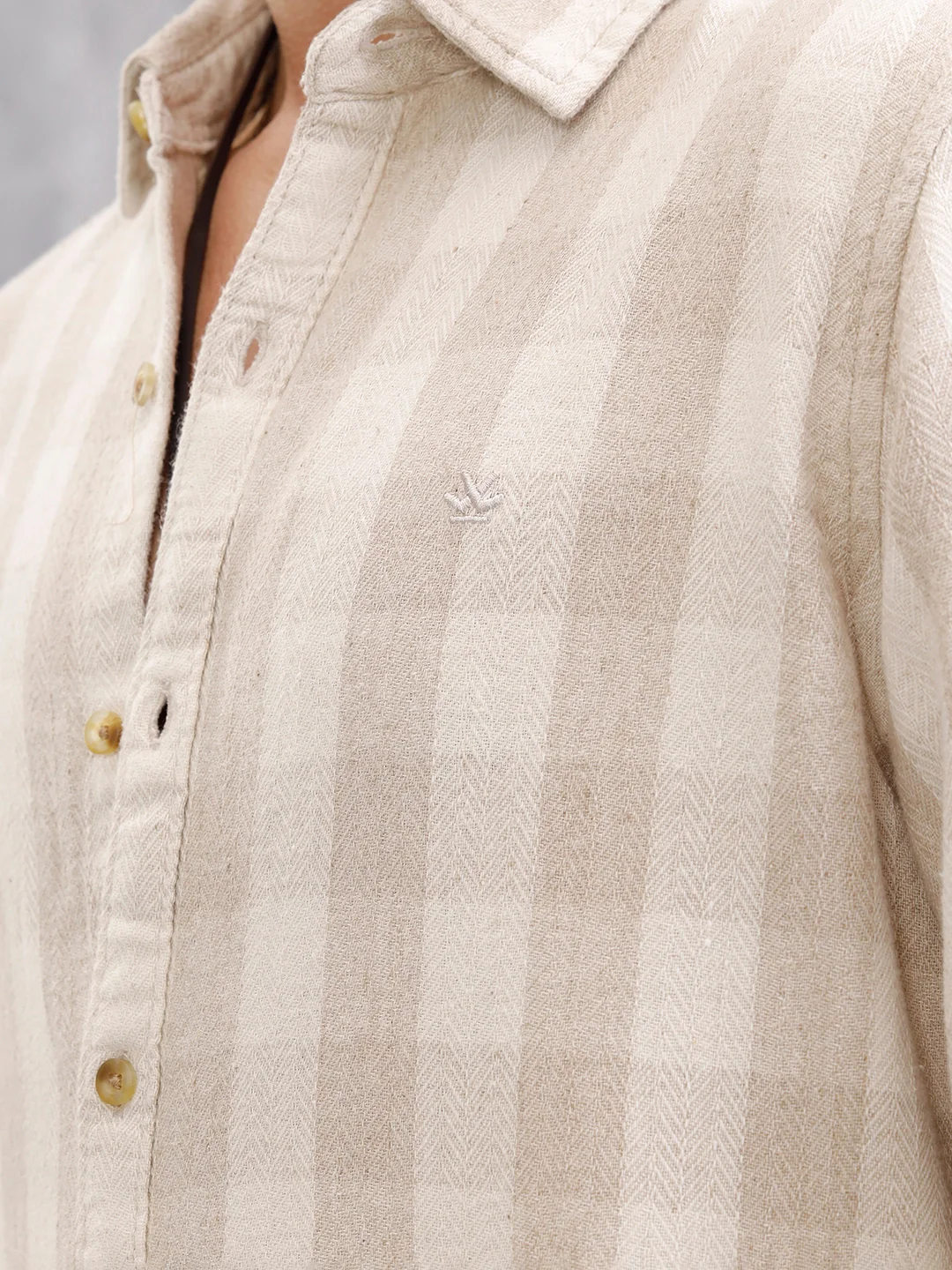 Herringbone Check Shirt In Natural Tones  |  Beige - Image 4