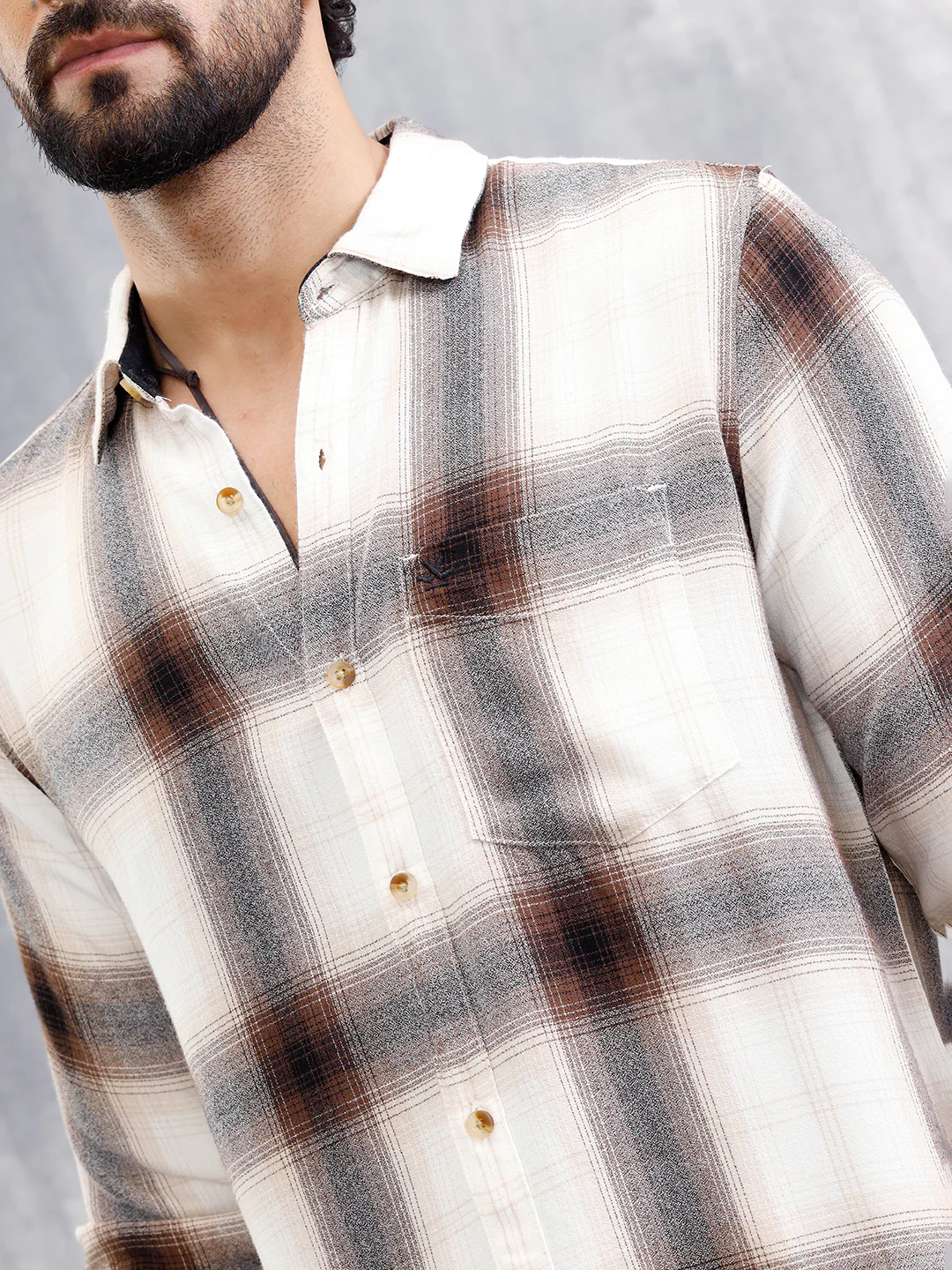 Large Scale Check Shirt In Crepe Fabric | Khaki - Image 4
