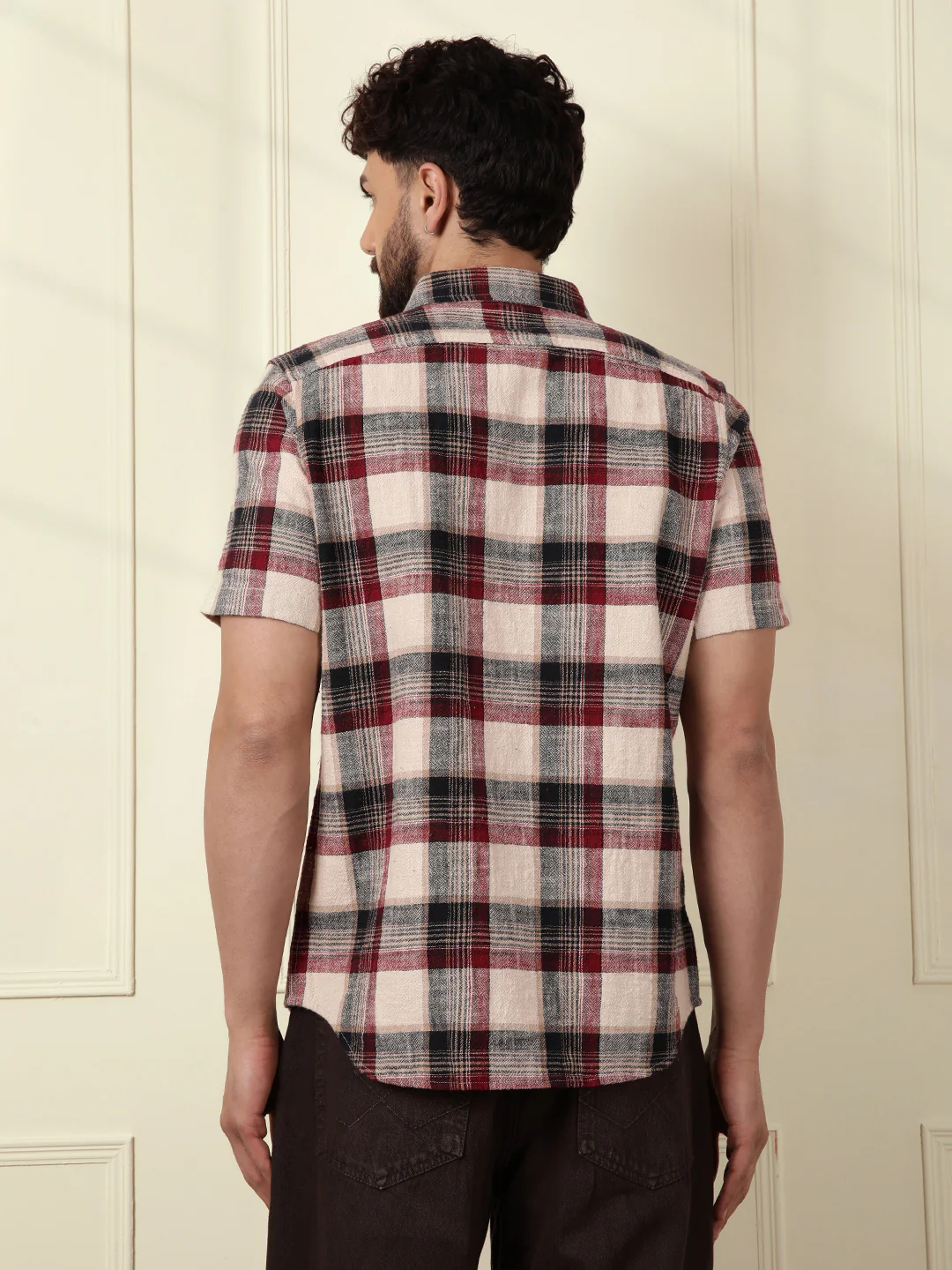 Textured Checks Cotton Shirt | Maroon - Image 3