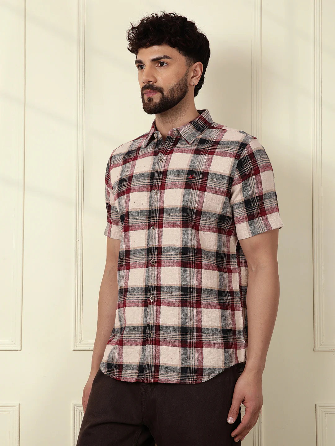 Textured Checks Cotton Shirt | Maroon - Image 4
