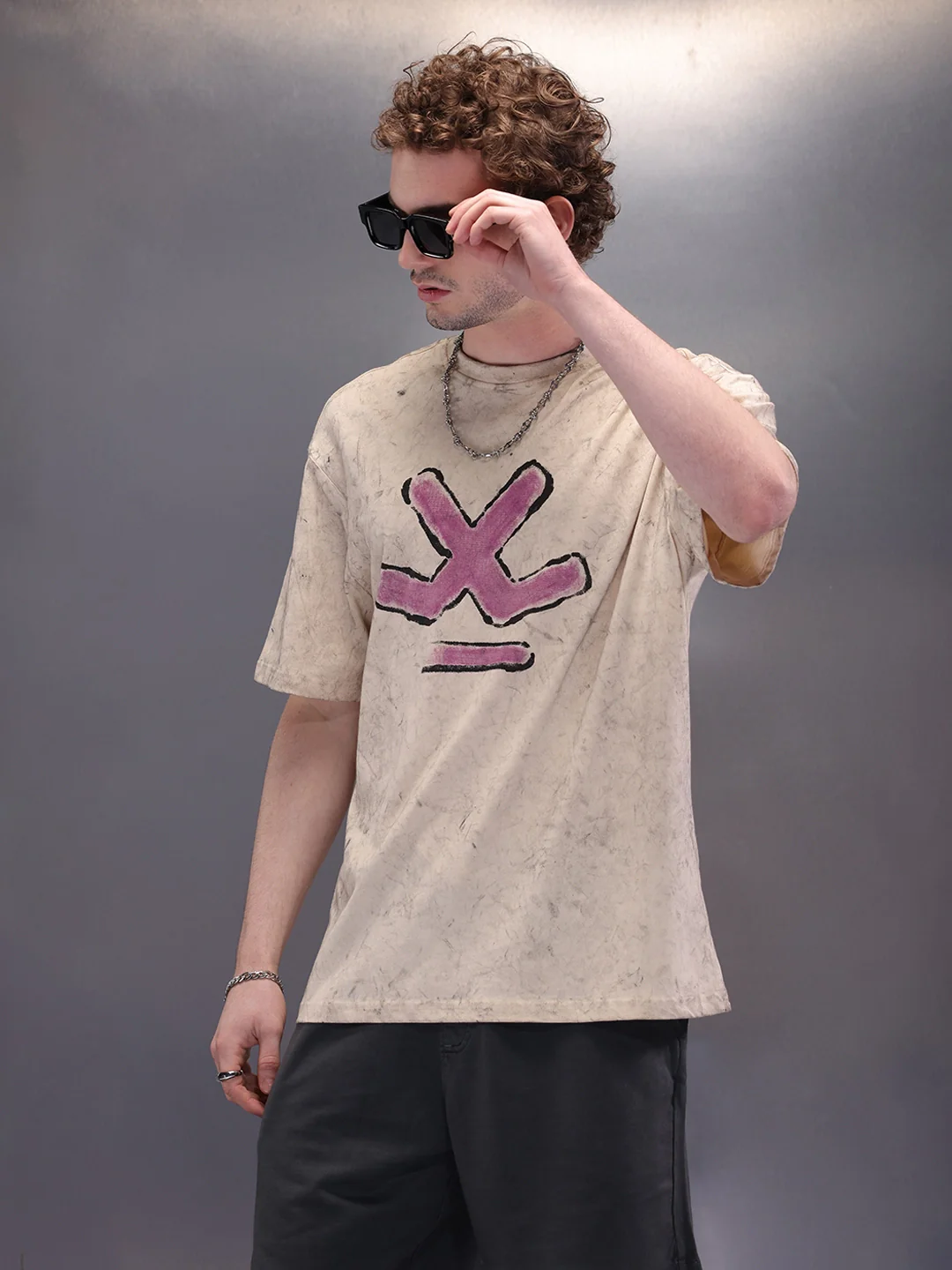Oversized Washed Look Tee With Iconic Brand Placement Print| Beige - Image 4
