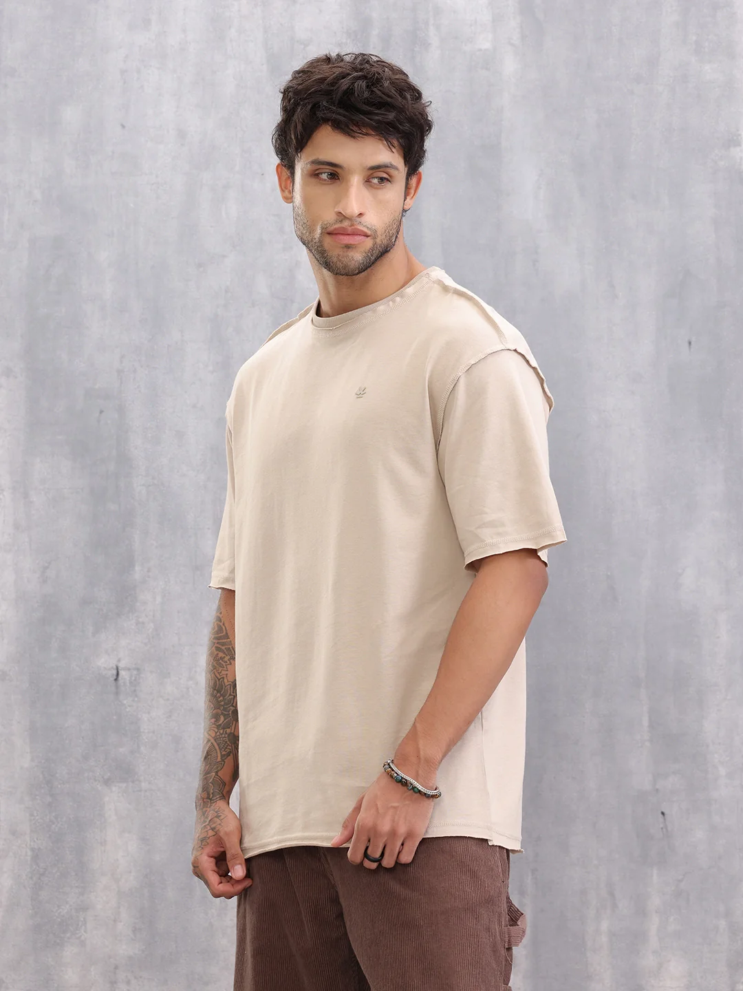 Raw Edge Oversized Fit T-shirt With Flat Lock Detail | Beige - Image 4