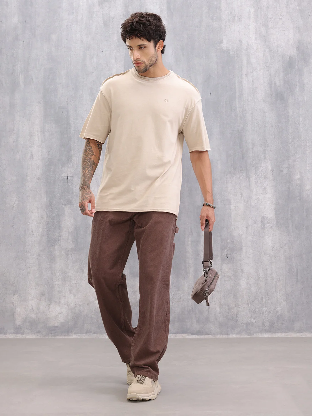 Raw Edge Oversized Fit T-shirt With Flat Lock Detail | Beige - Image 5