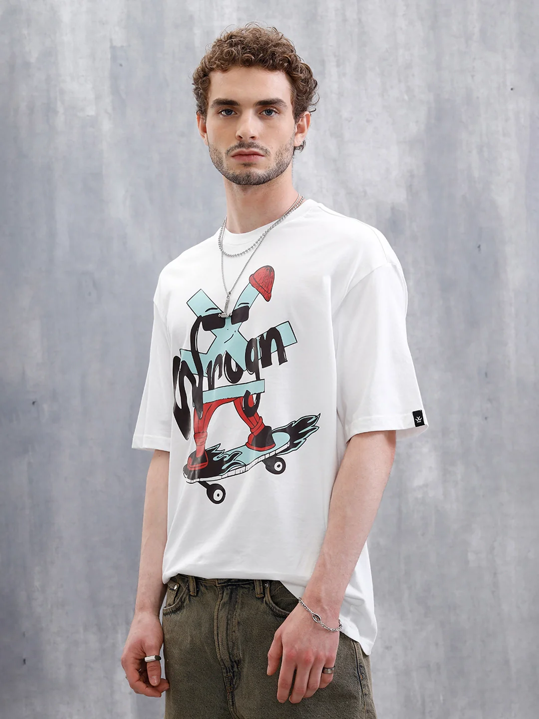 Skater Logo Printed Oversized Fit T-Shirt | White - Image 4