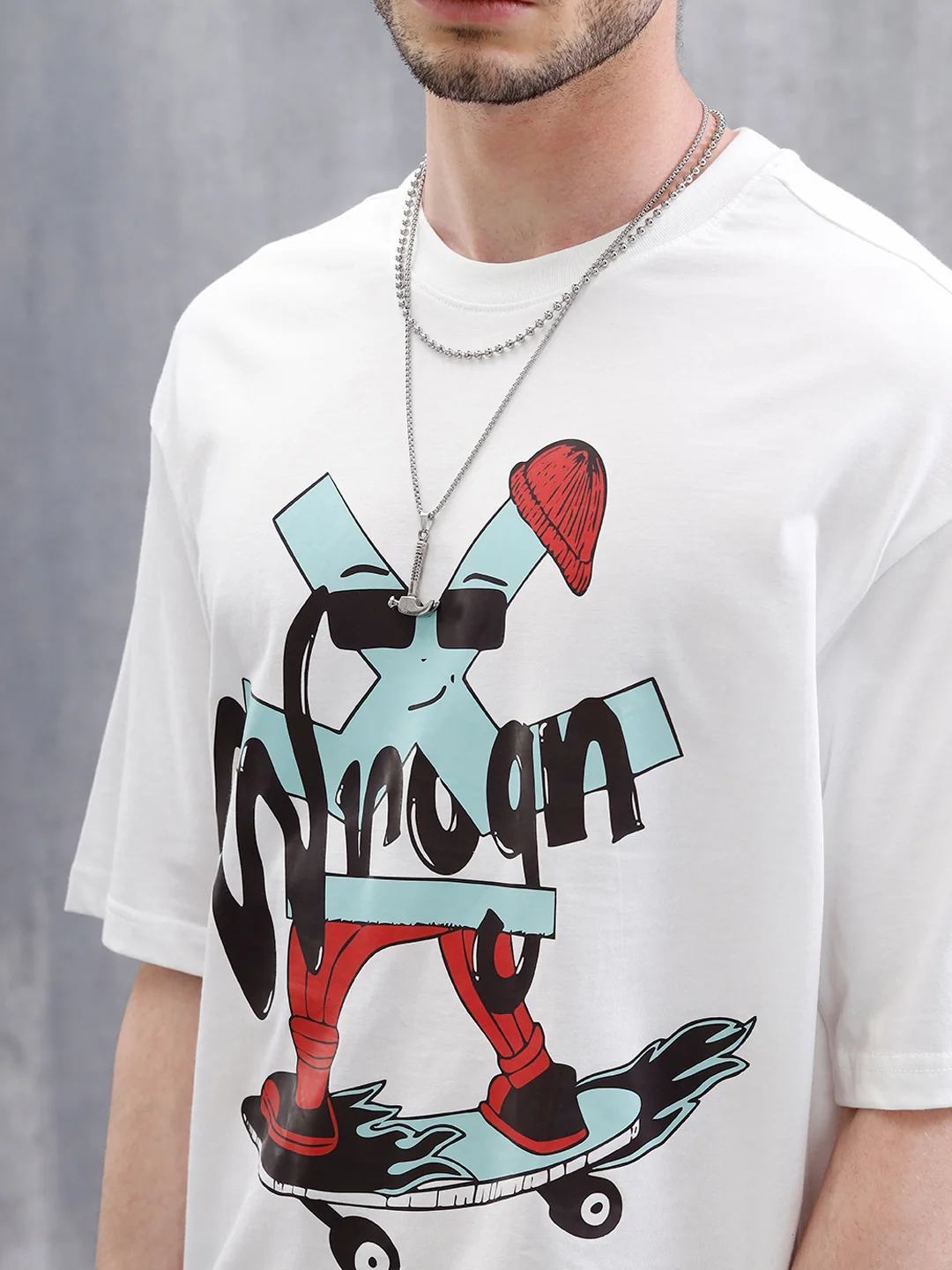 Skater Logo Printed Oversized Fit T-Shirt | White - Image 5