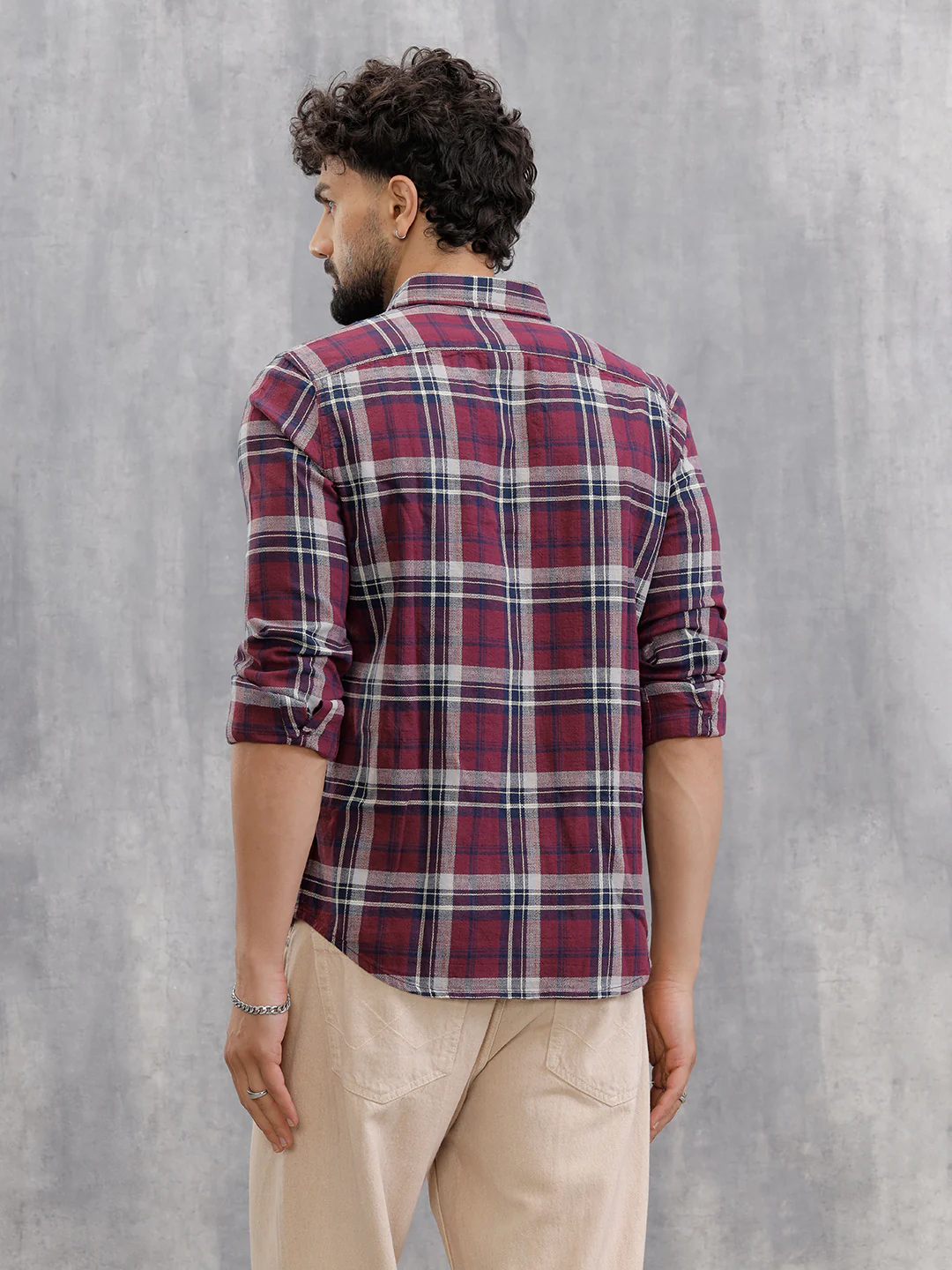 Slim Fit Check Shirt In Special Slub Weave | Maroon - Image 3