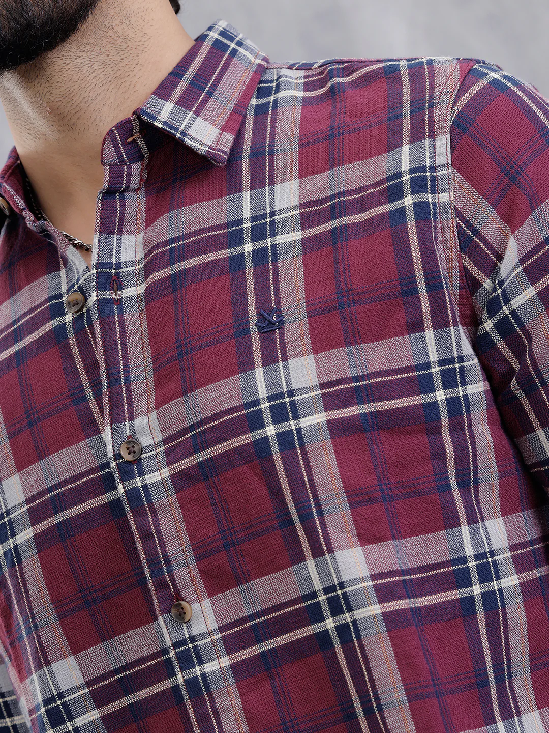 Slim Fit Check Shirt In Special Slub Weave | Maroon - Image 4