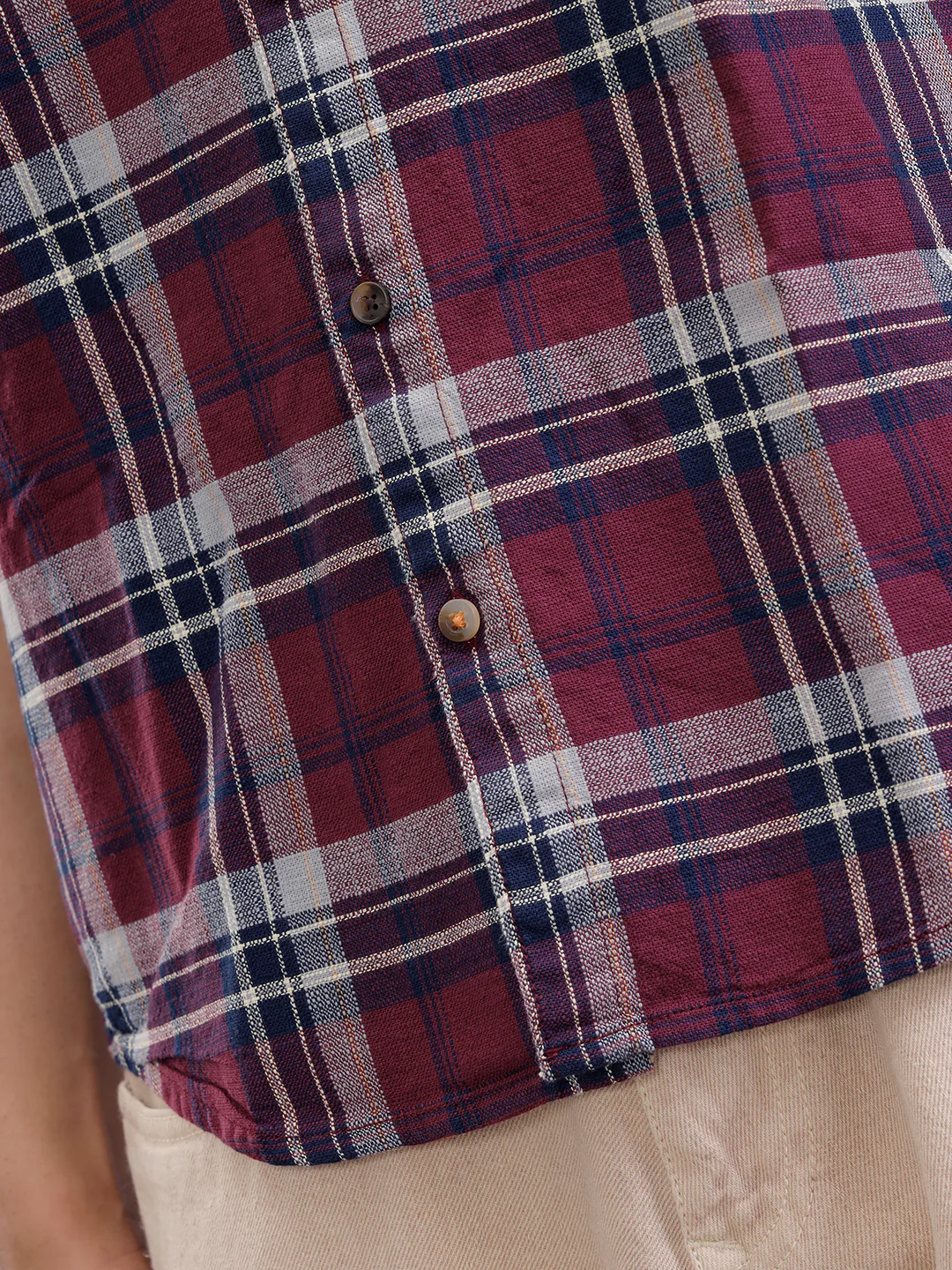 Slim Fit Check Shirt In Special Slub Weave | Maroon - Image 5