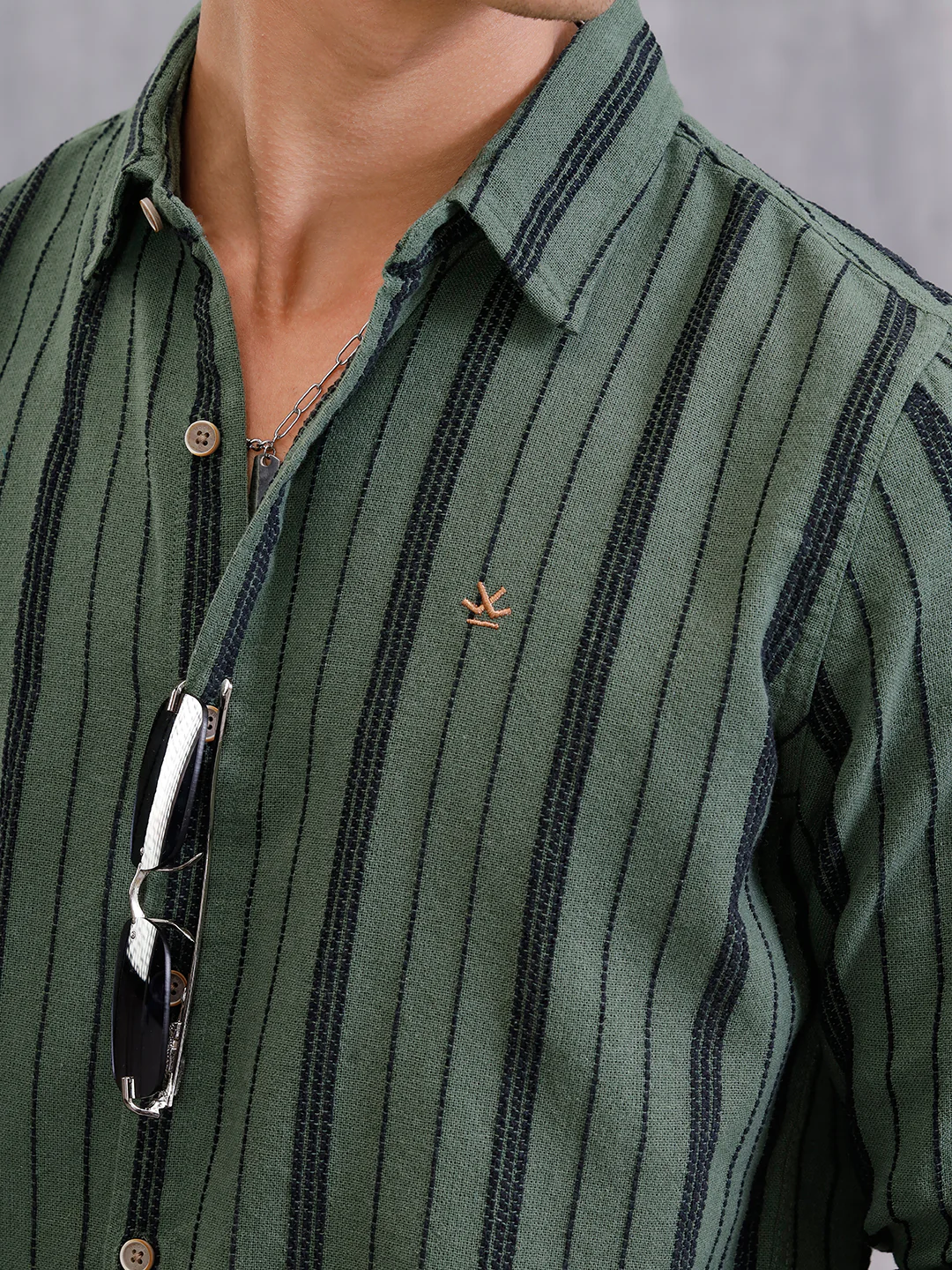 Slim Fit Stripe Shirt In Chenille Yarn | Olive - Image 4