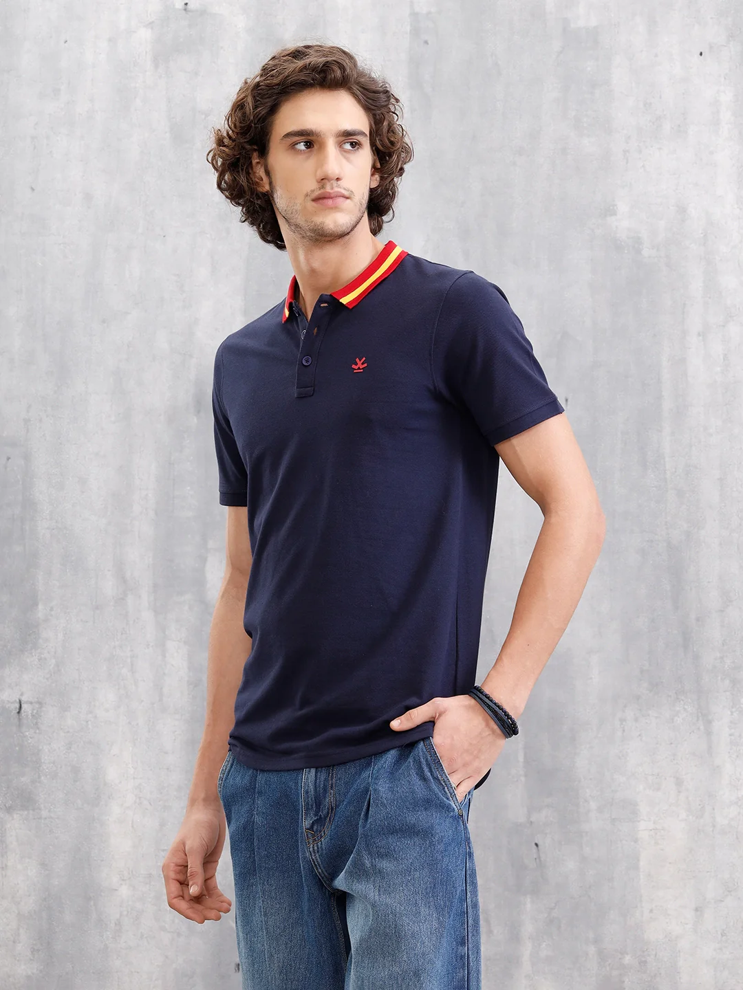 Solid Contrast Collar Polo T-Shirt  | Navy Blue - Image 5