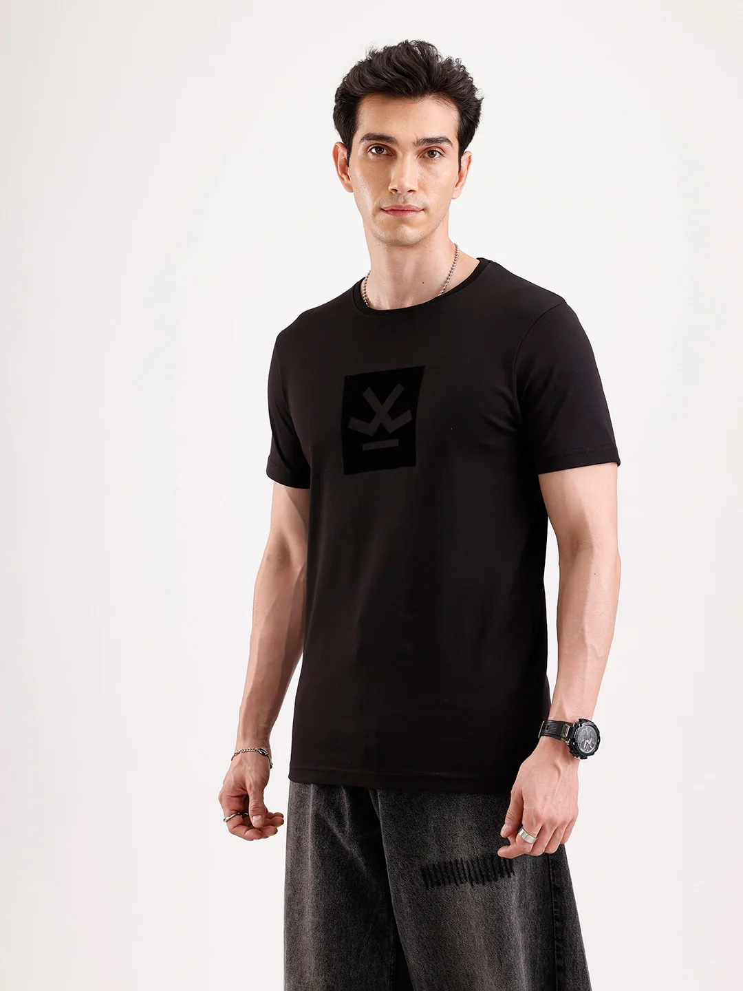Solid Flock Printed T-Shirt   |  Black - Image 4