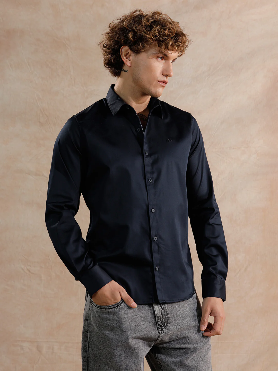 Solid Stretch Cotton Blend Shirt | Navy Blue - Image 4