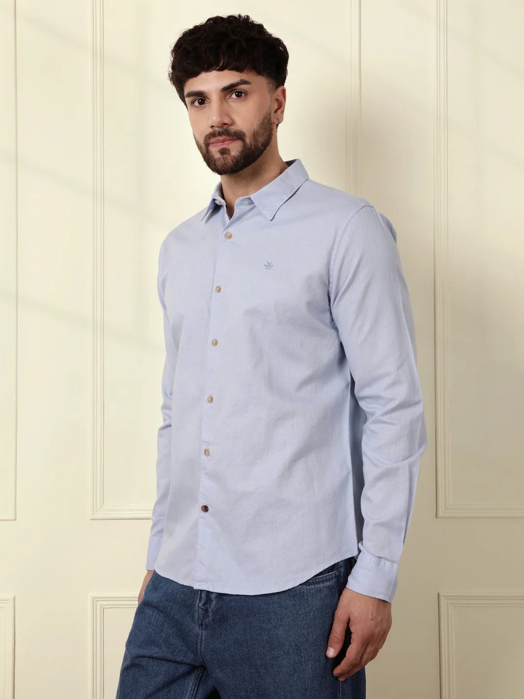 Solid Linen Blend Shirt | Blue - Image 5