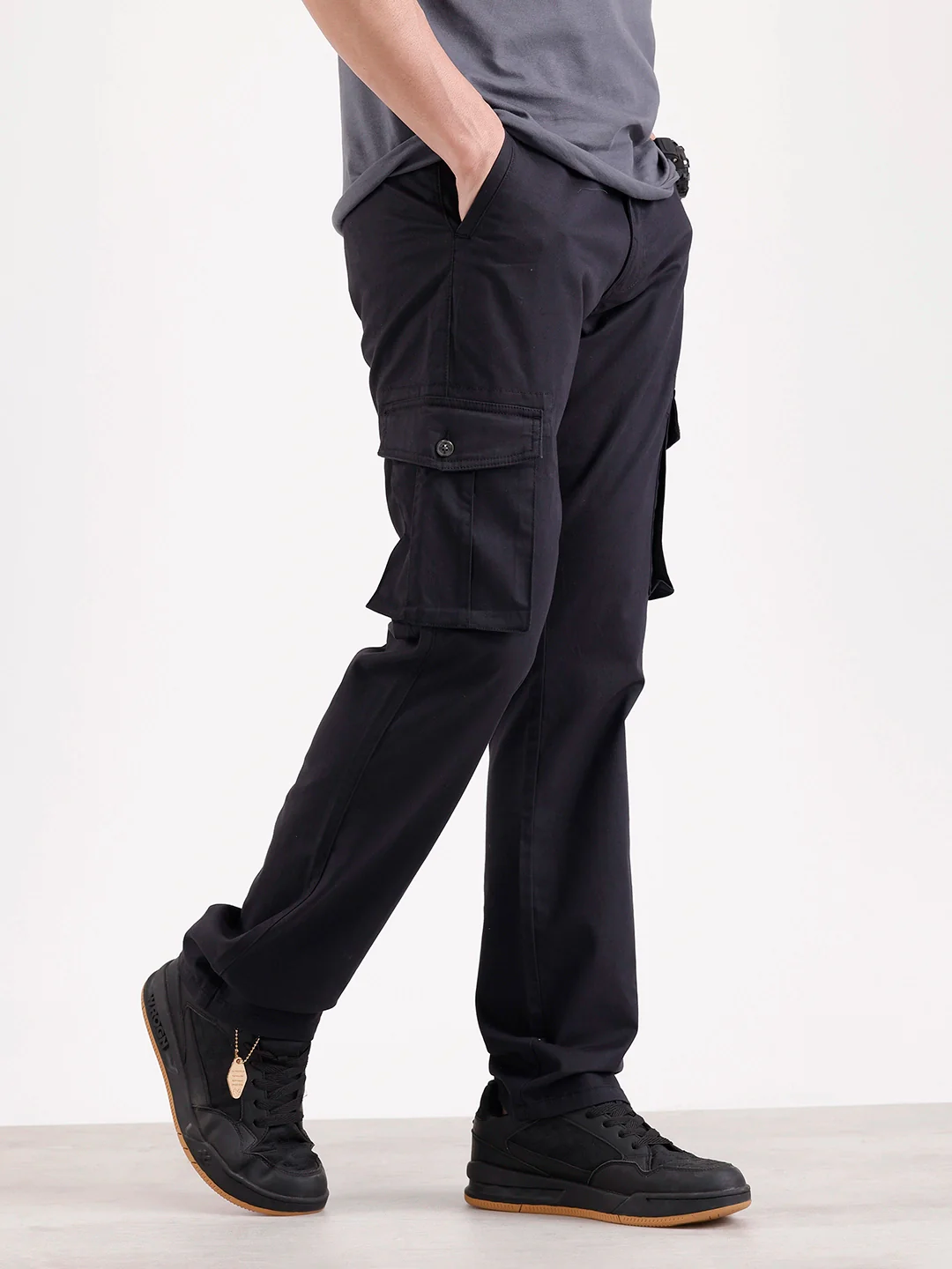 Solid Straight Fit Cargo  | Black - Image 4