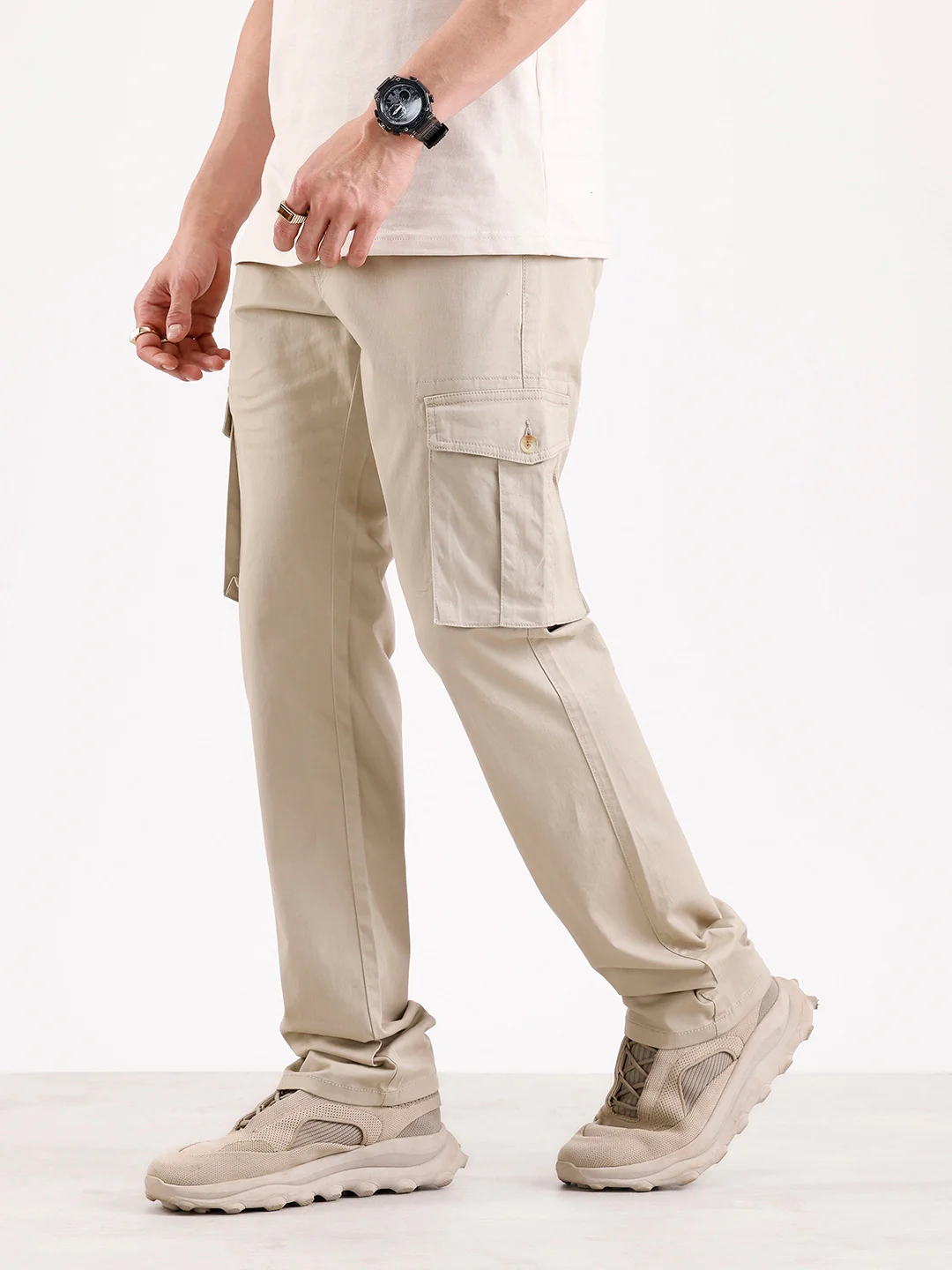 Solid Straight Fit Cargo Trouser   |  Beige - Image 4