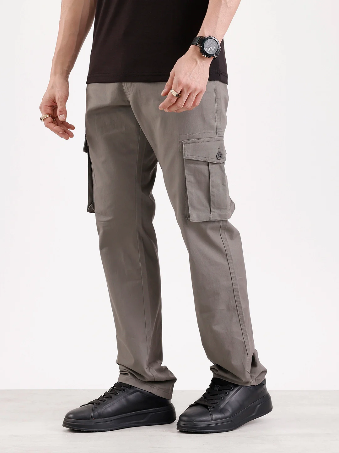 Solid Straight Fit Cargo Trouser   |  Grey - Image 4