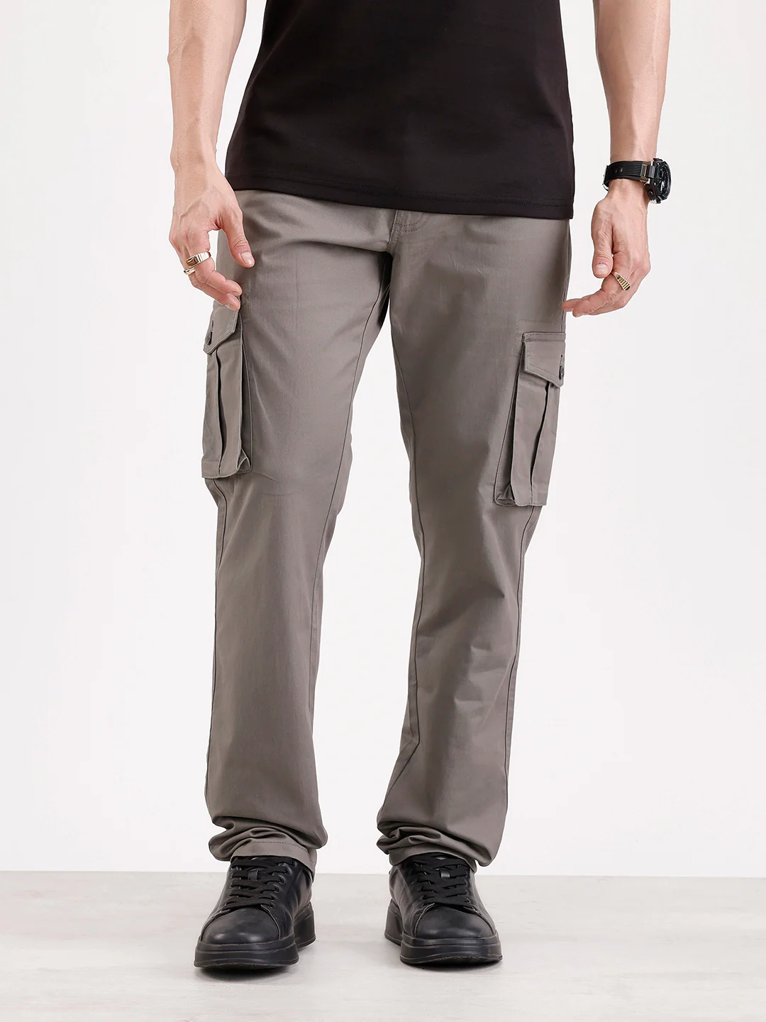 Solid Straight Fit Cargo Trouser   |  Grey - Image 6