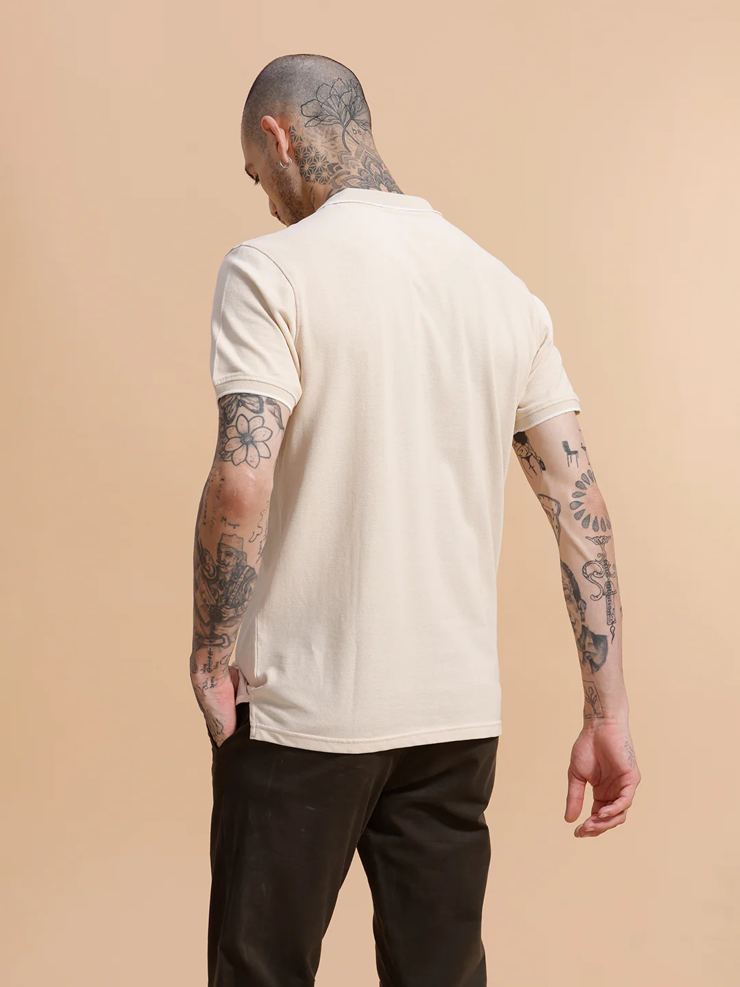 Solid Tipped Collar Polo T-Shirt | Beige - Image 3