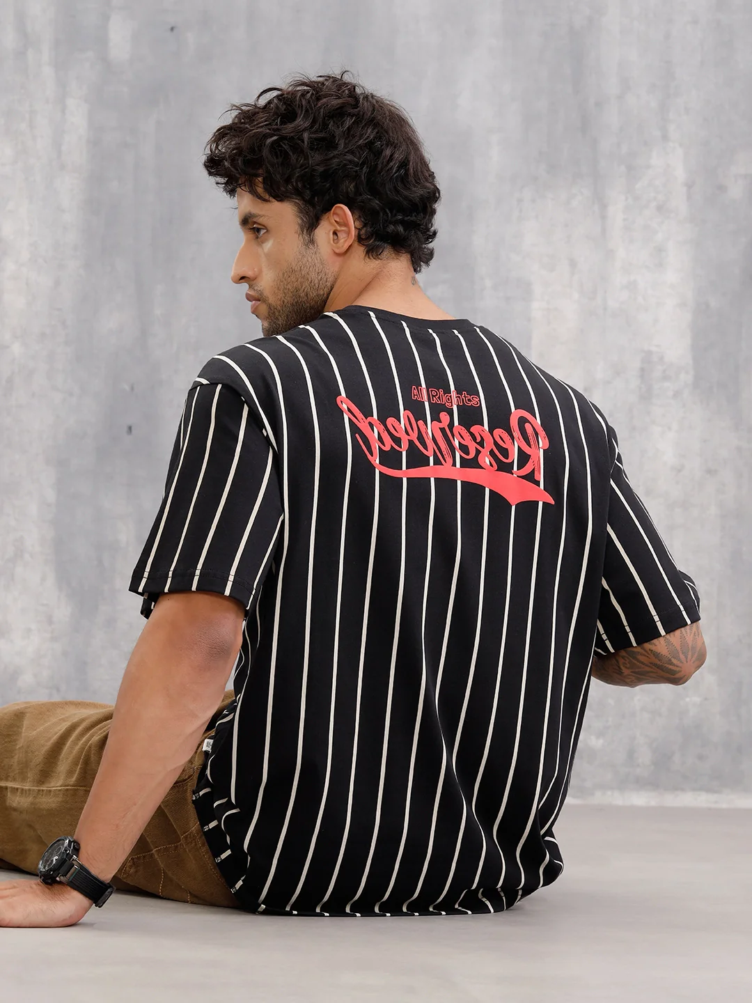 Striped Oversized Fit T-shirt With Puff Print | Black - Image 7