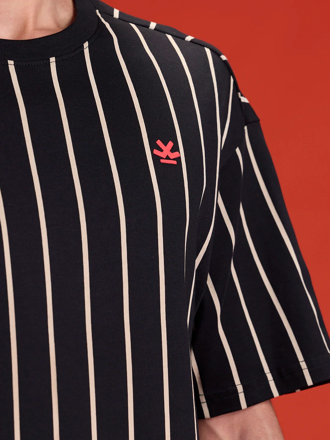 Striped Oversized Fit T-shirt With Puff Print | Black - Image 9