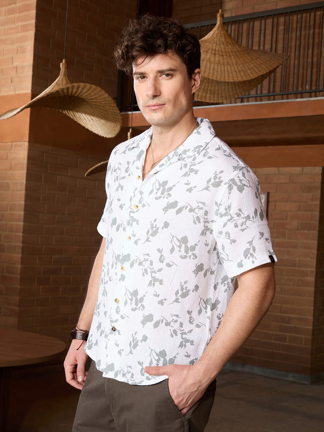 Textured AOP Resort Collar Shirt | Beige - Image 4