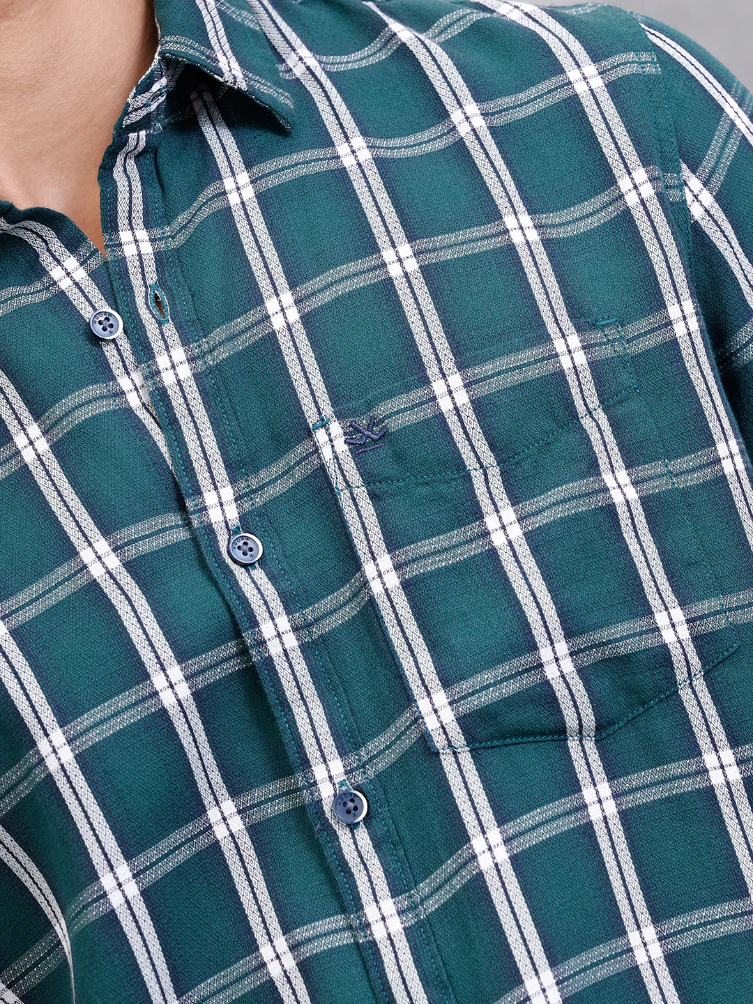 Textured Cotton Dobby Check Shirt  | Green - Image 5