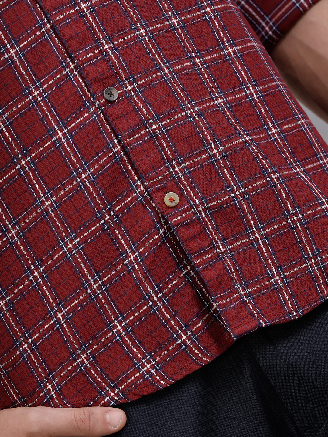 Textured Cotton Dobby Check Shirt | Red - Image 5