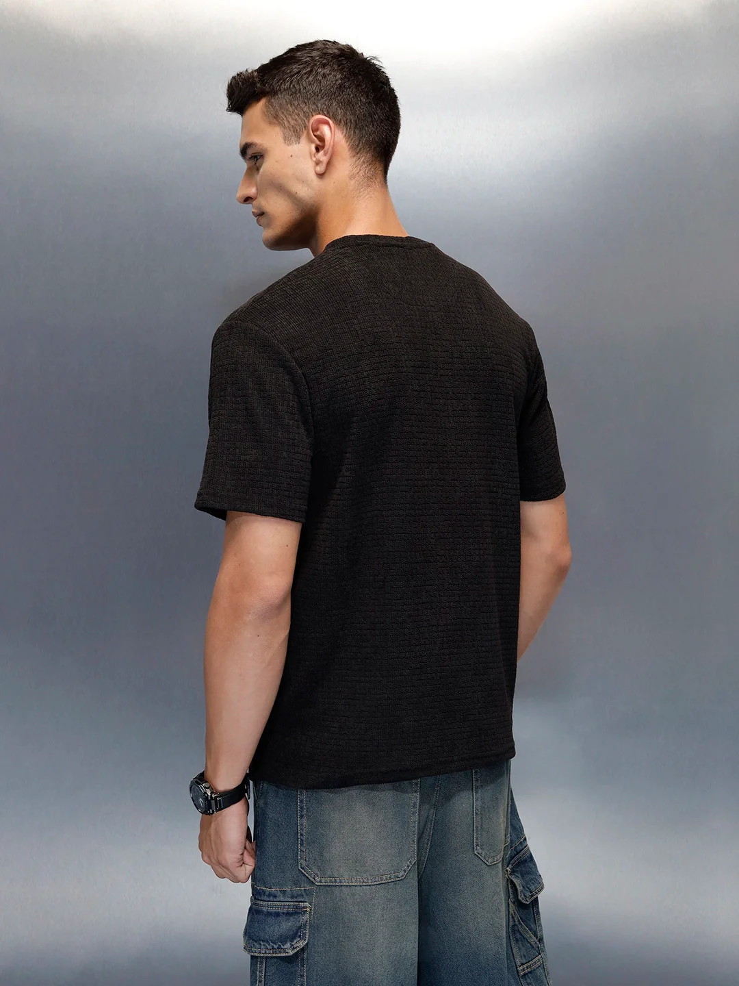 Textured Men's Casual Regualr Fit T-Shirt | Black - Image 3