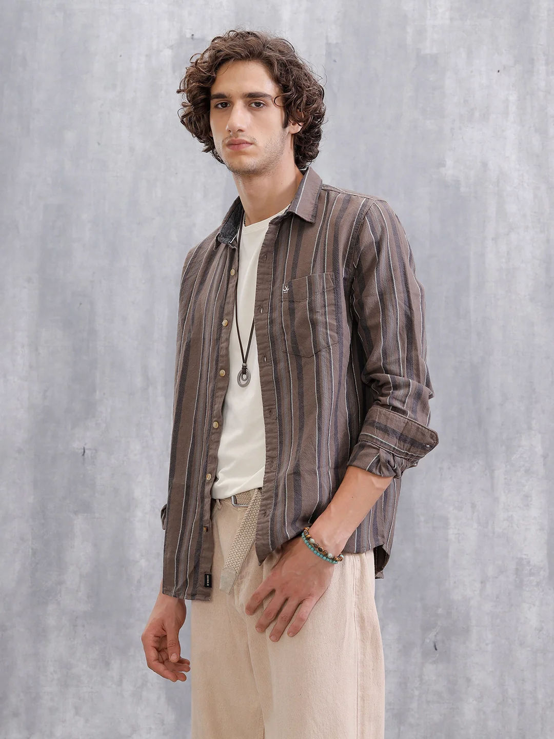 Textured Stripes Slim Fit Shirt | Brown - Image 4