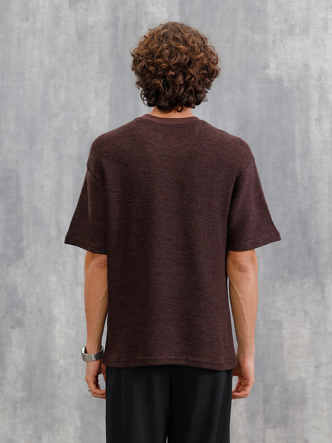 Two Tone Textured Slub Knit Oversized Crew Neck T-Shirt With Chunky Rib | Brown - Image 3