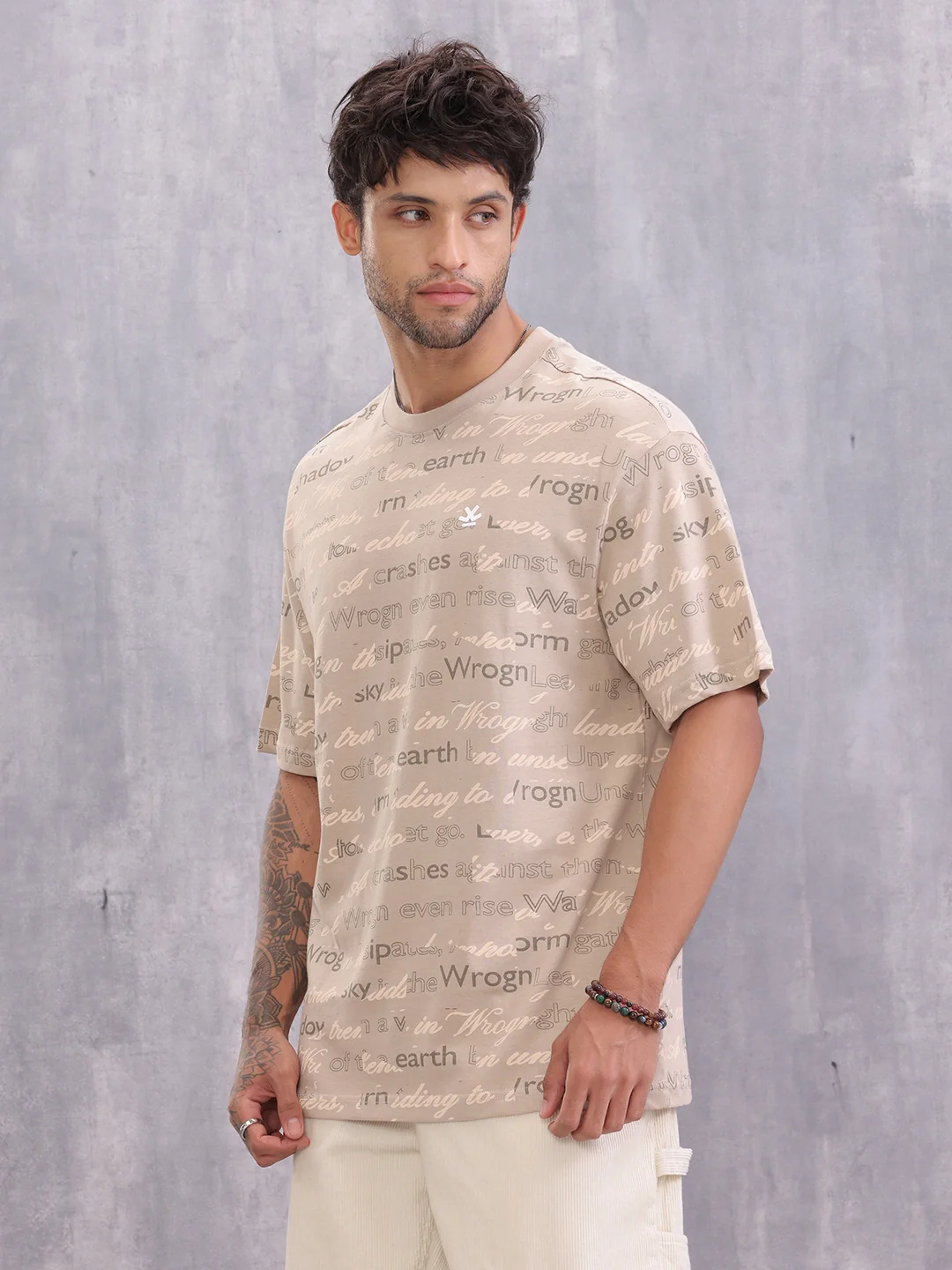 Typo Inspired Aop Oversized Fit T-shirt | Beige - Image 4